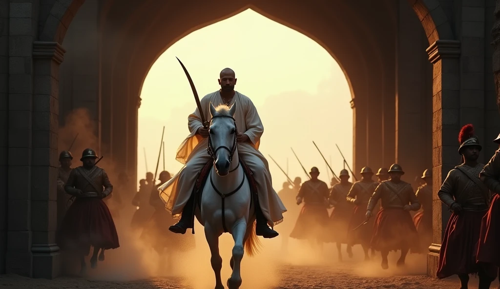 18th century Tipu Sultan of Mysore with bald head and handlebar moustache with clean shaven chin and head wearing a silky muslin white gown holding a turkish arched steel sword in right hand riding a white horse surrounded by his soldiers emerging from a 6 feet dark stone arched tunnel of fort srirangapatna charging towards the British soldiers in red uniform who are targeting and firing with muskets in cinematic UHD landscape resolution
