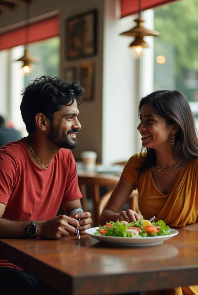 A boy age 27 south India from andhrapradesh wear jeans and t-shirt dusky skin and there was a girl age 25 north India from mumbai looks very modern she wears western dress looks very beautiful and active. Both are went restaurant. They sat opposite. Having lunch.