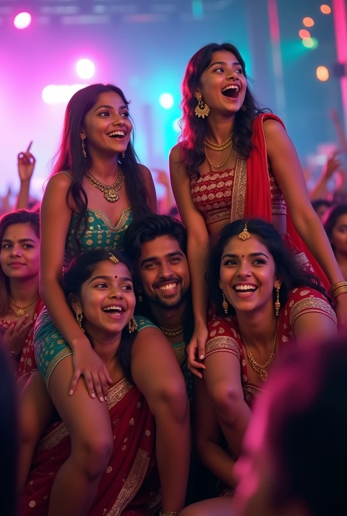 Indian girls sitting on boys shoulder in concert 
