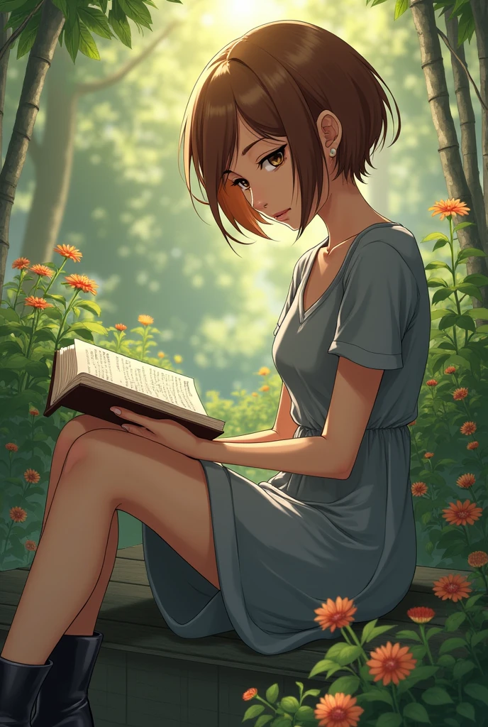Woman with short pixie cut brown hair reading a book wearing black boots and a grey dress brown eyes in a garden