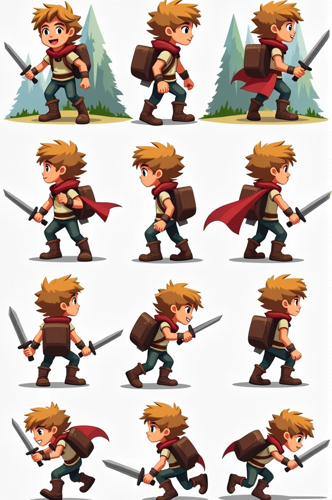 Create a character from a game with a backpack on his back, he must be new, have a sword, make a sprite sheet of him running, standing, walking and attacking