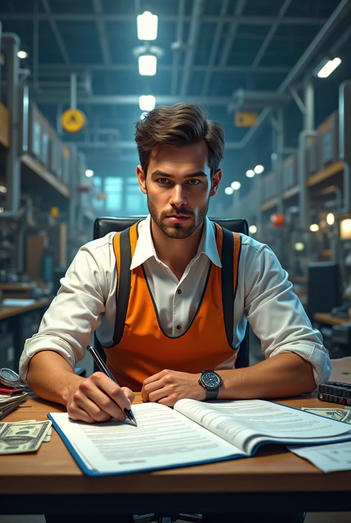 He is an elwctricsl engineer
He is in factorys office
Some paper and dollar around him
He is series