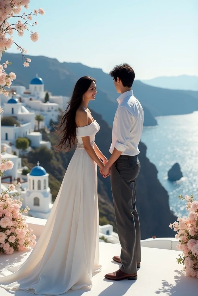 Santorini wedding ceremony long hair girl off shoulder dress tall boy black hair slightly longer white shirt
