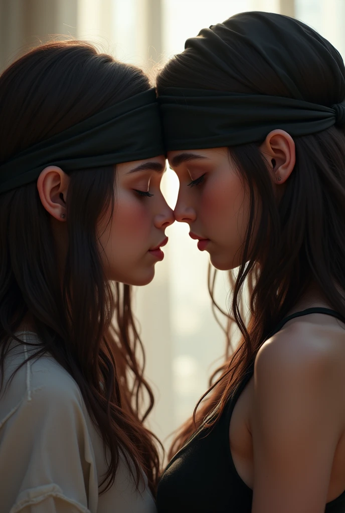 Two girls kiss face cover bandana