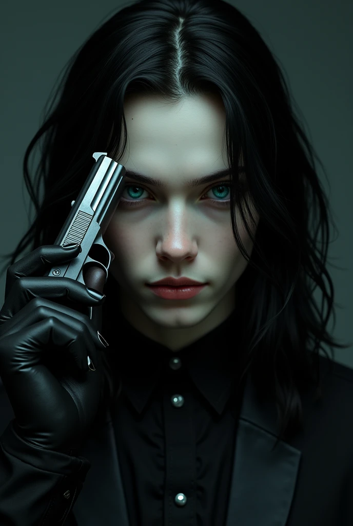 A pretty male with long black hair, long lashes and teal blue eyes, dressed entirely in gothic black clothes. His skin is white and pale like a vampire. He is holding a gun to his head while smirking at the camera
