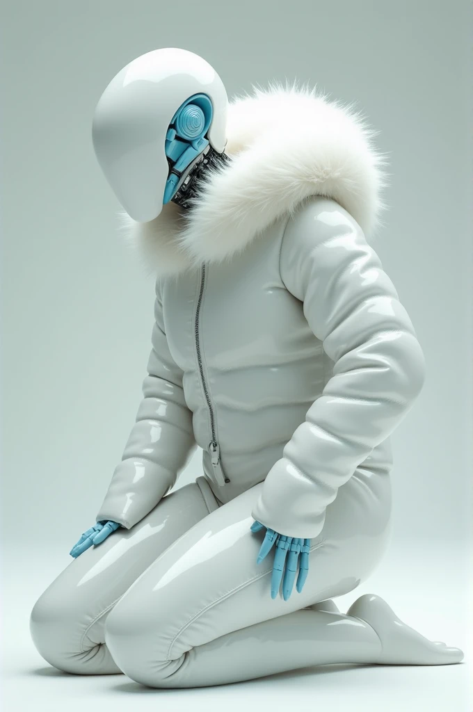 latex，kneeling，translucent latex，protogen，white fur，white body，blush，erection under clothing，machine，blue penis