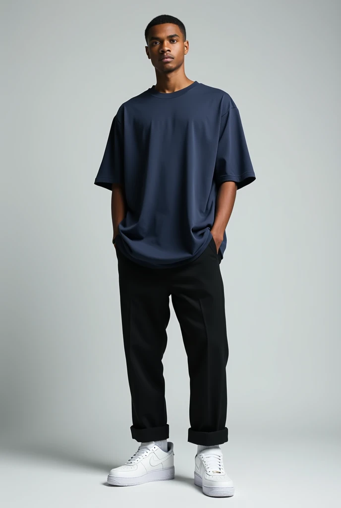 A photo of a man wearing a dark blue oversized tshirt, a straight cut black pants and a white nike airforce 1