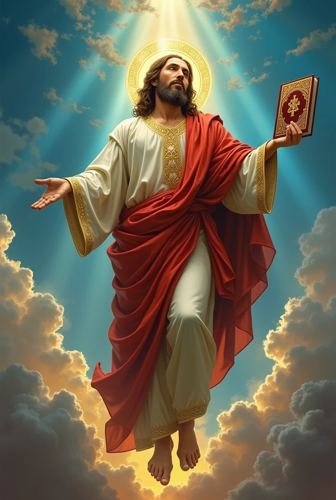 Create an image of an Orthodox Jesus returning to earth with a Bible in his hand 