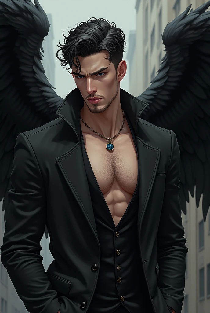 (((angel caido!angel!big black angel wings!Gothic))),perfect composition,!)), ((Unintentionally exposing chest muscles.))body hair, hairy chest, elegant macho, elegant barbilla de chad, Elegant and attractive, Elegante y elegant, elegant hombre, Attractive man, masculino y elegant, , elegant, posing attractive, Attractive man, Attractive man, 35 year old man!Raise your little head,Chimney(first portrait!))showing off his hairy pecs showing off his hairy chest muscles),),(short mustache)Show hairy and muscular eyes..,)head space!Charming and serious look..,(hombre elegant,Dressed in an embarrassing posture,Perfect body anatomy,Beautiful man face detail,perfect foot,perfect hand!Ultra low angle shot!An image of an anime character with a necklace.., muscular man, realistic muscles, human representation style, Gothic, Anime core, meritocracy, at the romantic academy, garbage, Anime core, Aestheticized violence, whole body, dark gym, coloring Waiting to start