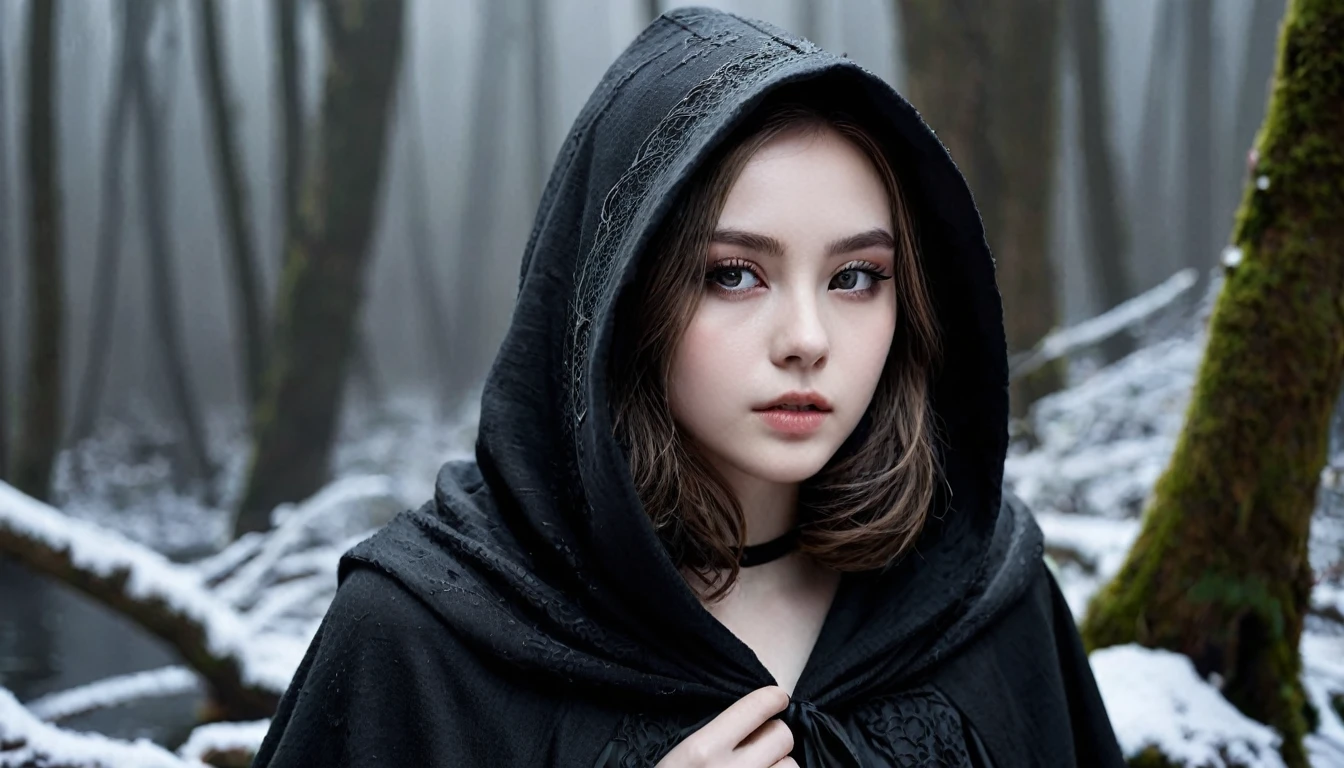 ((masterpiece, Fantasy,The hood is pulled down so deeply that it is hard to see.,Black paint on eyelids and cheeks, A beautiful girl is far away, Wizard,Winter clothes)), Brown hair with wavy ends,short hair,Pale skin, Dirty black heavy hooded cloak, 汚れたdark緑のワンピース,assassin, Robe over grey clothes, forest, Small River, fog,Thin lips,Looking down, dark, night,Grey frayed fabric around the neck