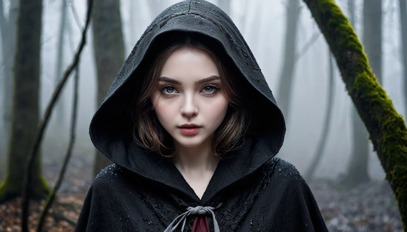 ((masterpiece, Fantasy,The hood is pulled down so deeply that it is hard to see.,Black paint on eyelids and cheeks, A beautiful girl is far away, Wizard,Winter clothes)), Brown hair with wavy ends,short hair,Pale skin, Dirty black heavy hooded cloak, 汚れたdark緑のワンピース,assassin, Robe over grey clothes, forest, Small River, fog,Thin lips,Looking down, dark, night,Grey frayed fabric around the neck