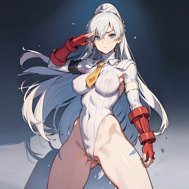 best detailed, Highly detailed,Beautiful body,Beautiful Nose,perfect eyes,perfect face,ultra highres,beautiful legs,Perfect hands,Masterpiece,illustration,,perfect anatomy,street fighter,doll suit,shadaloo doll,dollsuit,expressionless,empty eyes,blank eyes,looking at viewer,red gloves,boots,emotionless,dark blue latex,corruption,mind control,female combatant,full body,hypnotized,unhappy trance,full body suit,obey,extremely glossy latex,hypnosis,hypnoLora,Slave,necktie,yellow tie,standing,Fighting Stance,(salute),military,dark persona,(((pixel-perfect, detail-perfect))),(solo),1girl,white hair,long hair, blue eyes,slim body,huge breasts