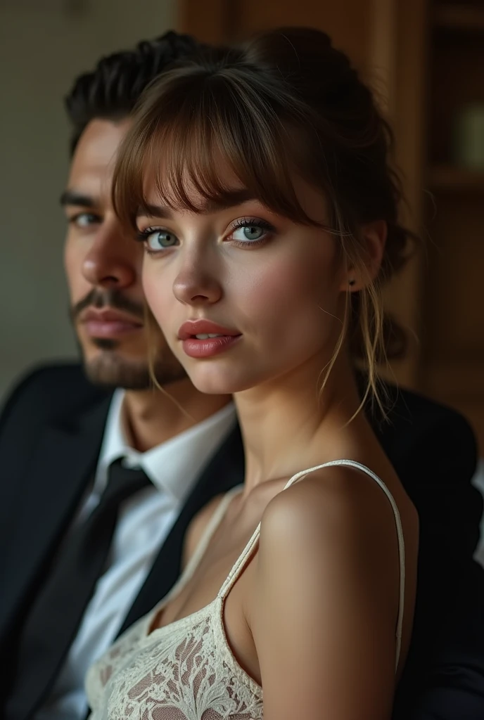 young white Russian woman with red cheeks and blue eyes and a fringe and light brown hair with a submissive face sitting on the lap of a brown Brazilian mobster in a suit . submissive wife