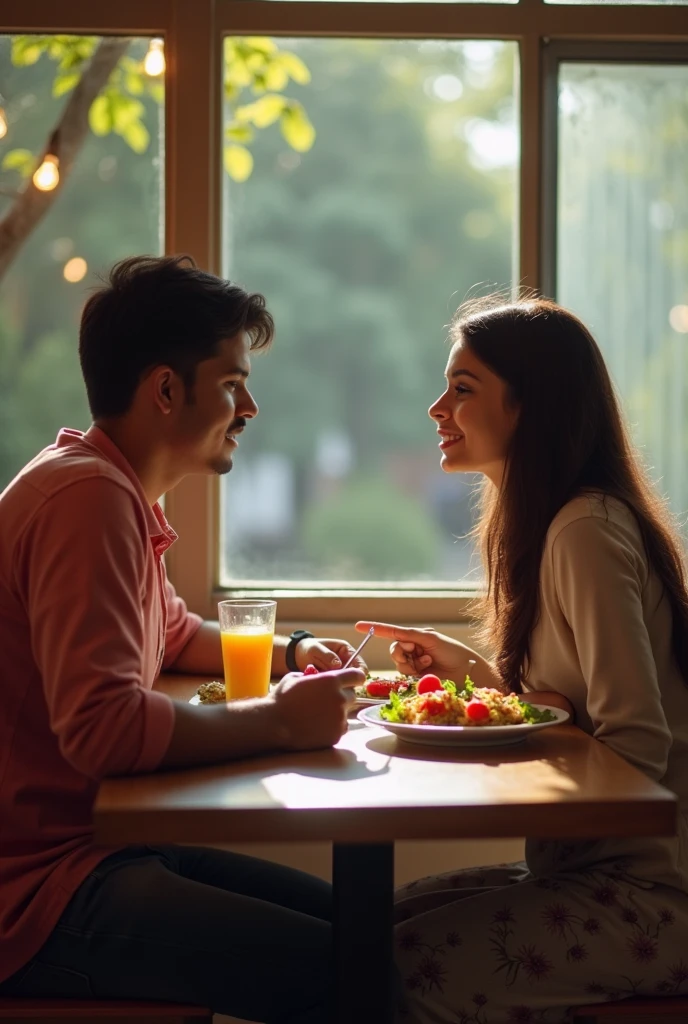 A boy age 27 south India from andhrapradesh wear jeans and t-shirt dusky skin and there was a girl age 25 north India from mumbai looks very modern she wears western dress looks very beautiful and active. Both are went restaurant. They sat opposite. Having lunch.