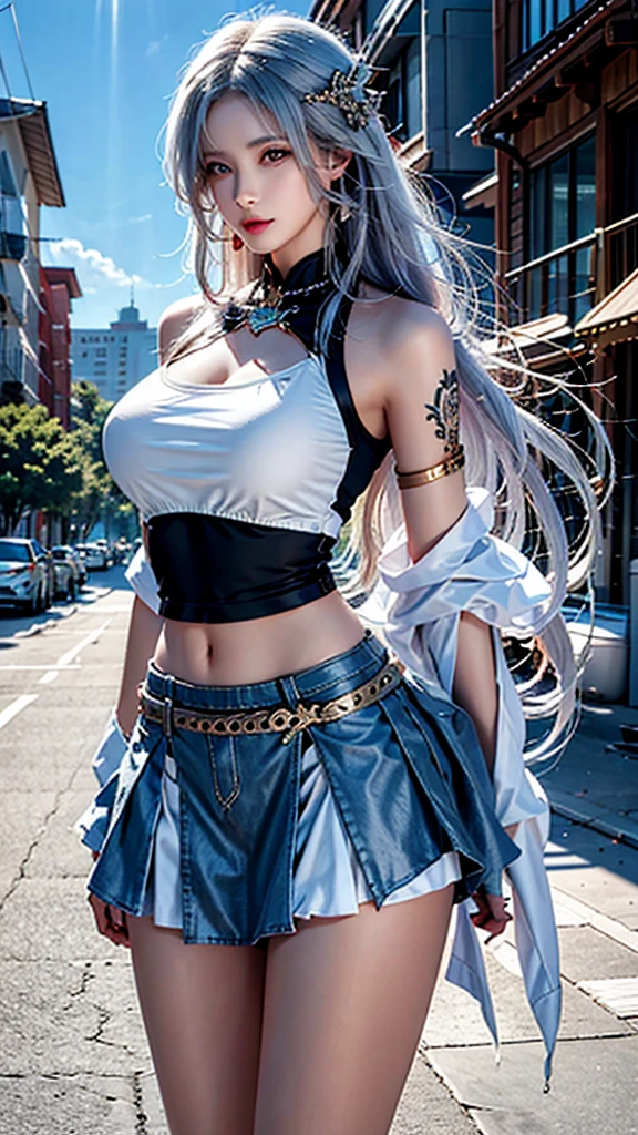 photorealistic,  high resolution,  soft light, 1women,  solo,  hips up,  dynamic pose,  shining skin,  jewelry,  tattoo, street wear, t-shirt, skirt