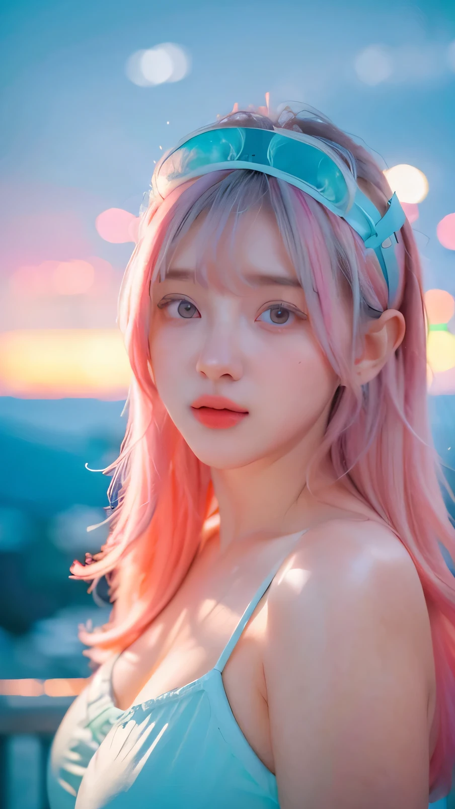 Adorable , Gorgeous , Beautiful , Russian Baby Face , (Large Colossal Breasts) , 30 Years Old , White Skin , cyber punk Cosplay Suit , halo Headband , Front Facing , Potrait , Top of The Mountain Background , Wind , Long Hair Bangs , Heterochromia Eye , ((Pink-Blue Pastel Coloured)) , ((Night:1.3)) , Standing , HDR , Ultra Detailed , EF 24-70mm f/2.8L II USM