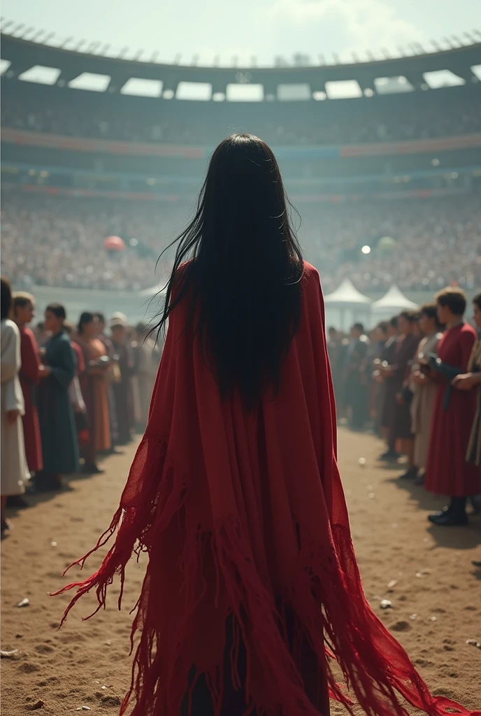 22 year old girl with long black hair, Dressed in a torn cloak and covered in blood, she stands with her back turned in the middle of a tournament field where everyone sees her., Realistic digital art Everyone looks at the girl