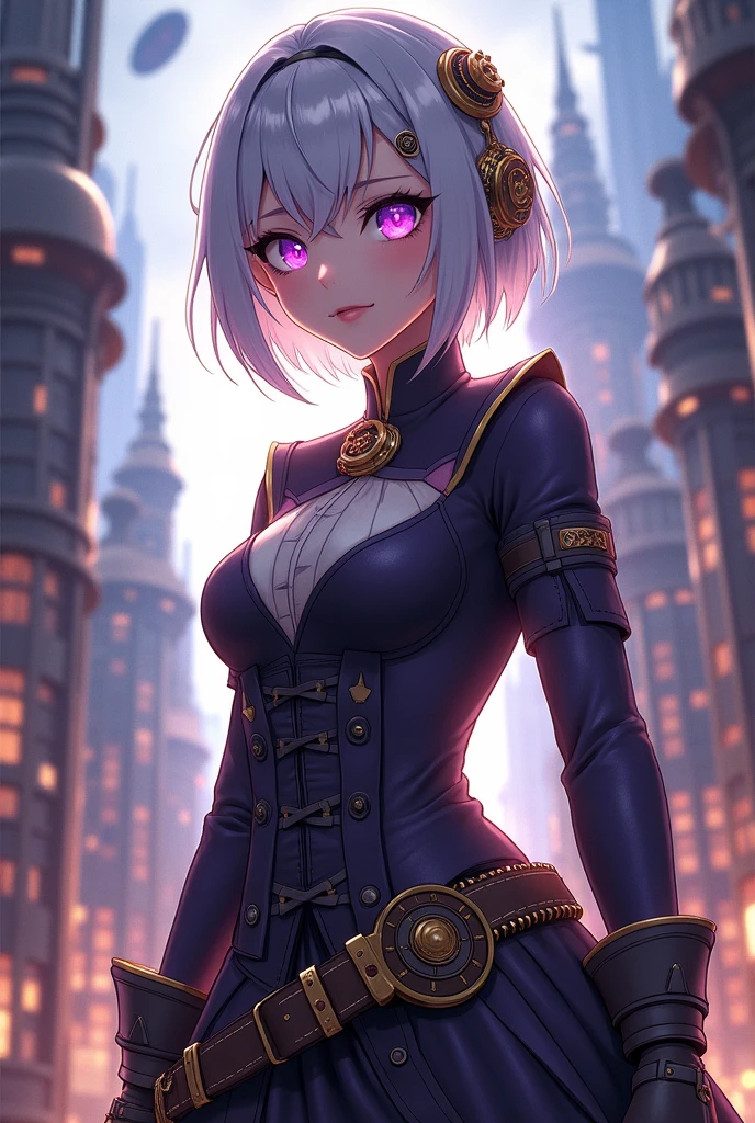 steampunk。eyes are light purple。He has silver hair and is British.。Girl。steampunkな服装。背景はsteampunkな街。Game character。Anime Style。The pose is low-key and the backlight makes him look evil