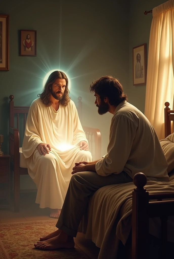 A man sitting on the bed ,and Jesus at his side with his face shining