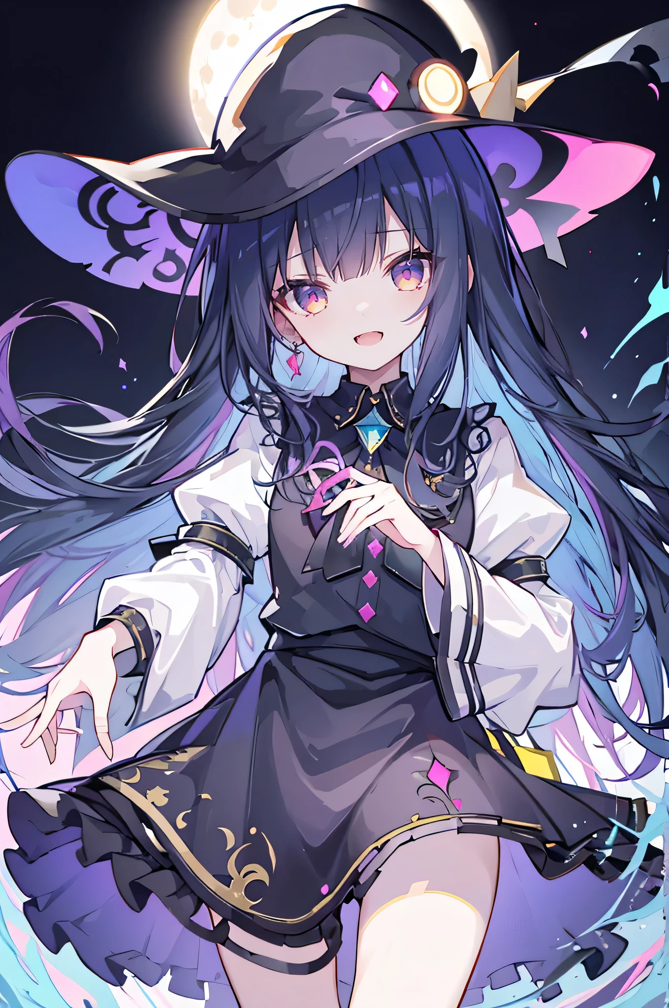oung Girls,Humanity,A magician always smiles,big witch hat,cute,dark blue long hair,The eyes are dull,The bangs are heavy,Thin eyebrows,fantasy,intake,Double teeth,Star Theme,Constellation pattern,Solid color clothetal decoration,cloak,A bit of a dark atmosphere,A little crazy smile,When the big moon shines outside at night,blood,Hair black star embellishment,Short tie,No nails,High waist skirt,Bell sleeves,Long-sleeved shirt,Black tie,low risk,gentlemen。Mist、Yellow and white effect,Shocking pink as an accent color
