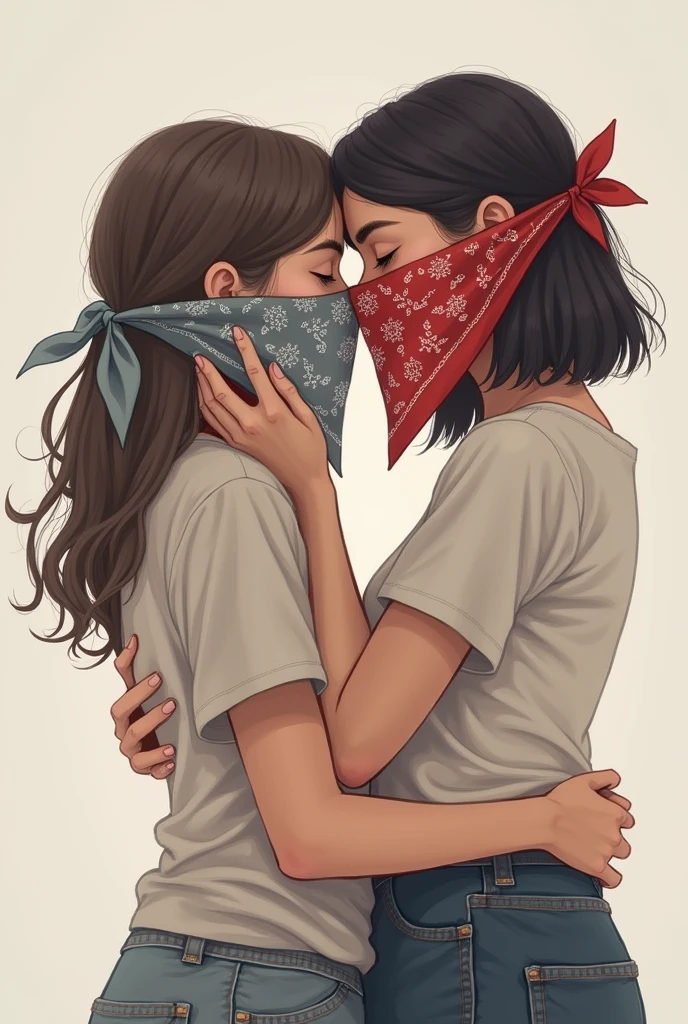 Two girls kiss face cover bandana 