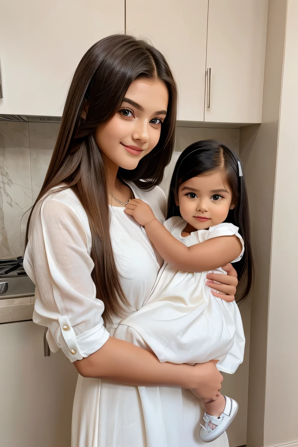  cute beautiful  hot girl with smily face with stylish long hair with stylish trending modern color full stunning dress with  his 2 years old cu baby with cutestraight pic