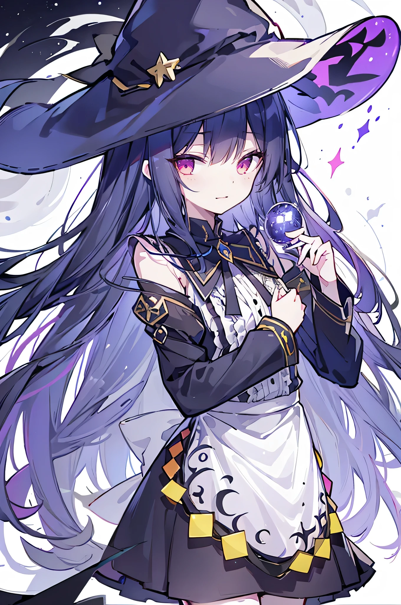 oung Girls,Humanity,A magician always smiles,big witch hat,cute,dark blue long hair,The eyes are dull,The bangs are heavy,Thin eyebrows,fantasy,intake,Double teeth,Star Theme,Constellation pattern,Solid color clothetal decoration,cloak,A bit of a dark atmosphere,A little crazy smile,When the big moon shines outside at night,blood,Hair black star embellishment,Short tie,No nails,High waist skirt,Bell sleeves,Long-sleeved shirt,Black tie,low risk,gentlemen。Mist、Yellow and white effect,Shocking pink as an accent color