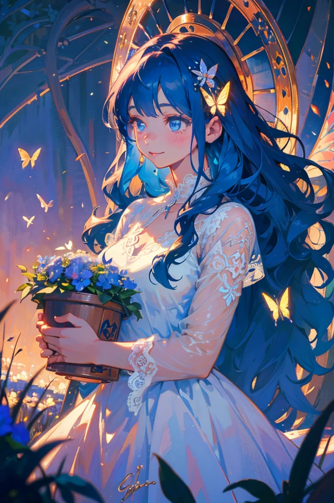 a young girl in a white lace dress, long blue wavy hair, BLUE HAIR, cute, cute smile, adorable, holding a butterfly net, butterflies, flower field, natural light, detailed face, beautiful eyes, delicate features, soft colors, serene atmosphere, high quality, detailed, photorealistic, photo-realistic:1. 37, 4k, ultra-detailed, extremely detailed, hyperrealistic, highly detailed, masterpiece:1.2, vibrant colors, natural lighting, cinematic, dramatic, fantastic, magical, surreal.