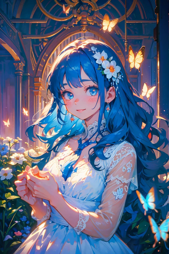 a young girl in a white lace dress, long blue wavy hair, BLUE HAIR, cute, cute smile, adorable, holding a butterfly net, butterflies, flower field, natural light, detailed face, beautiful eyes, delicate features, soft colors, serene atmosphere, high quality, detailed, photorealistic, photo-realistic:1. 37, 4k, ultra-detailed, extremely detailed, hyperrealistic, highly detailed, masterpiece:1.2, vibrant colors, natural lighting, cinematic, dramatic, fantastic, magical, surreal.