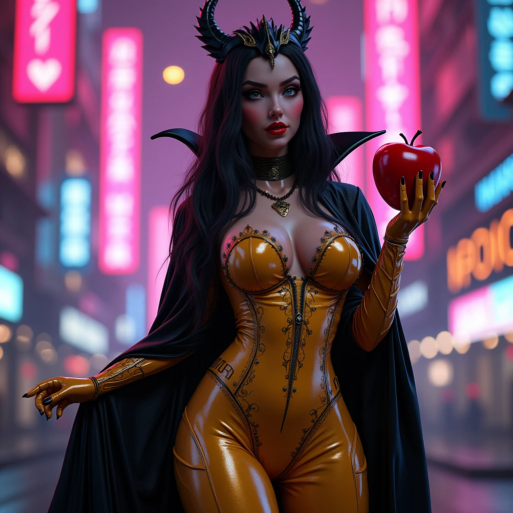 Girl macacão látex gold de frente de pé tênis branco ,Black long hair,Black Queen,accessories,Apple in hand,Poison apples,Witch Queen,Red lipstick , Masterpiece, high quality, high resolution, volumetric lighting, subsurface scattering, 8k, Beautiful woman, (morena olho azul skin), neon sky,cidade futurista neon, látex transparente vermelho, (large butt), large breasts, (long-sleeve blouse), (cotton-shorts:1.2), wavy