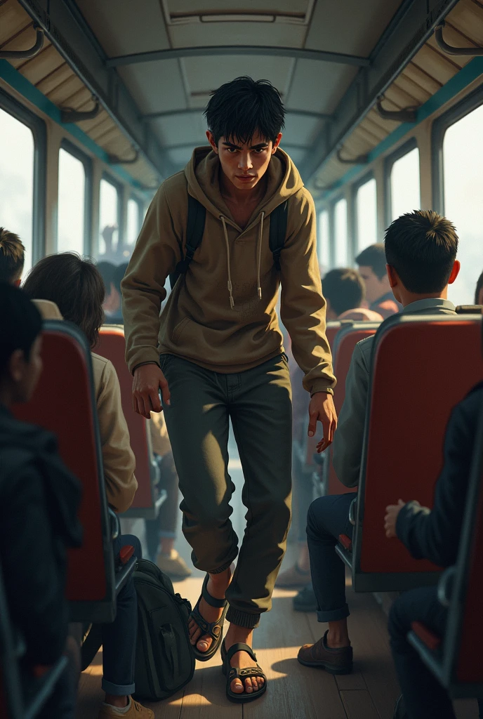 Poor young man struggling in train