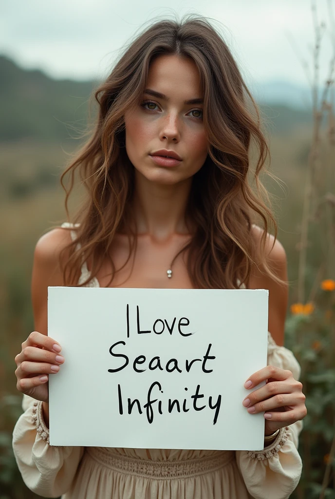 Beautiful girl with wavy long hair, bohemian dress, holding a white board with text "I Love Seaart Infinity" and showing it to the viewer