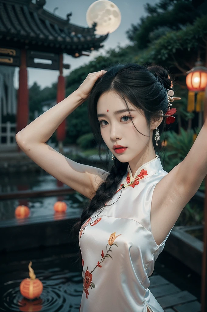(((best quality))),(((ultra detailed))),(((masterpiece))),illustration,((1 beautiful girl,solo)),(bun hair:1.2),(Ghostly makeup:1.3),(fair skin:1.5),(red lips:1.2),(earrings:1.2),((slim,thin)),((small breasts,flat chest)),(black floral embroidered lace sleeveless cheongsam:1.5),(thigh loop:1.3),(slender legs:1.2),(stockings:1.3),(standing:1.3),(both hands behind the head:1.5),(armpits:1.5),(A huge moon in the sky:1.3),(moonlit Chinese garden courtyard:1.3),(Ghost Festival:1.3),(Ghostly flames are drifting in the air:1.3),elegant and sophisticated,intricate patterns,curves,dark color,striking visual appeal,ethereal,enchanting,ghostly black blossoms,swaying branches,stone pathways,moss,eerie shadows,ancient pavilion,intricate wooden structure,mystery and intrigue,cicadas chirping,auditory symphony,embodiment of the festival's spirit,bathed in the moon's glow,delicate features,raven-black hair,waterfall of darkness,moon's luminance,captivating allure,sleek fabric,clung to frame,accentuating curves,highlighting beauty,striking appearance,ethereal beauty,hauntingly beautiful scene,captured essence,blend of beauty and mystery,(night scene:1.3),((from front,upper body))