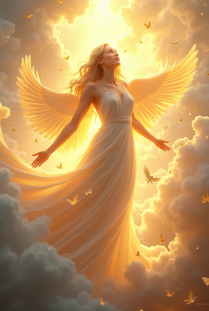 (((Goddess of Hope:1.4))), ((masterpiece:1.4, best quality)), (photo realistic:1.4), radiant and uplifting expression, glowing with a warm, golden light, dressed in flowing robes made of light and feathers, (hair cascading like rays of sunshine:1.2), (bright, hopeful eyes:1.2), gentle smile that brings comfort and inspiration, surrounded by a glowing aura of light, (background of a sunrise over a peaceful valley:1.2), (soft rays of sunlight breaking through clouds:1.2), (doves and butterflies flying around her:1.2), rich textures, vibrant colors, (soft golds:1.2), (light blues:1.2), (delicate whites:1.2), (((dynamic composition with gentle curves and flowing lines:1.2))), high-quality and detailed, (uplifting and inspiring atmosphere:1.2), transcendent and unique, perfect image quality, symbolizing renewal, optimism, and the power of hope, captivating and timeless presence
