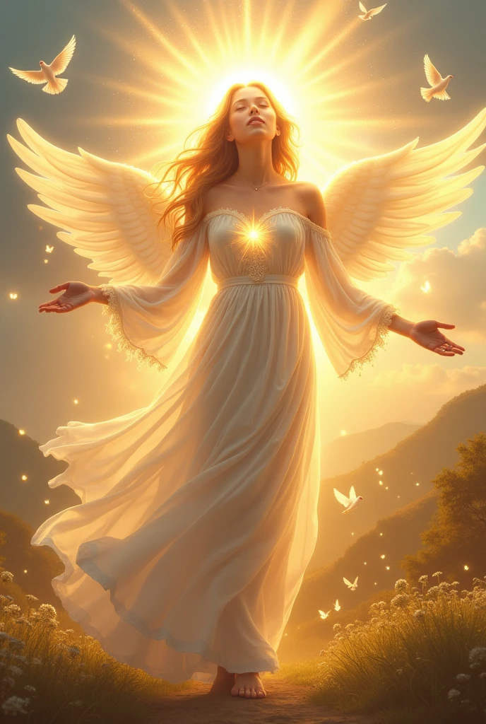 (((Goddess of Hope:1.4))), ((masterpiece:1.4, best quality)), (photo realistic:1.4), radiant and uplifting expression, glowing with a warm, golden light, dressed in flowing robes made of light and feathers, (hair cascading like rays of sunshine:1.2), (bright, hopeful eyes:1.2), gentle smile that brings comfort and inspiration, surrounded by a glowing aura of light, (background of a sunrise over a peaceful valley:1.2), (soft rays of sunlight breaking through clouds:1.2), (doves and butterflies flying around her:1.2), rich textures, vibrant colors, (soft golds:1.2), (light blues:1.2), (delicate whites:1.2), (((dynamic composition with gentle curves and flowing lines:1.2))), high-quality and detailed, (uplifting and inspiring atmosphere:1.2), transcendent and unique, perfect image quality, symbolizing renewal, optimism, and the power of hope, captivating and timeless presence