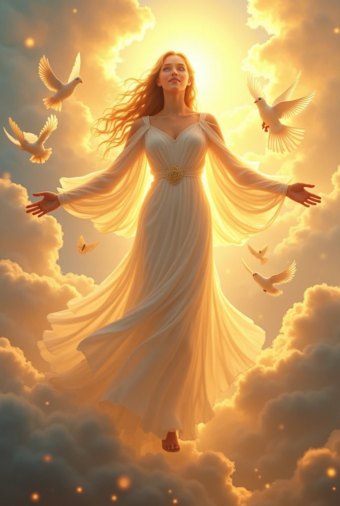 (((Goddess of Hope:1.4))), ((masterpiece:1.4, best quality)), (photo realistic:1.4), radiant and uplifting expression, glowing with a warm, golden light, dressed in flowing robes made of light and feathers, (hair cascading like rays of sunshine:1.2), (bright, hopeful eyes:1.2), gentle smile that brings comfort and inspiration, surrounded by a glowing aura of light, (background of a sunrise over a peaceful valley:1.2), (soft rays of sunlight breaking through clouds:1.2), (doves and butterflies flying around her:1.2), rich textures, vibrant colors, (soft golds:1.2), (light blues:1.2), (delicate whites:1.2), (((dynamic composition with gentle curves and flowing lines:1.2))), high-quality and detailed, (uplifting and inspiring atmosphere:1.2), transcendent and unique, perfect image quality, symbolizing renewal, optimism, and the power of hope, captivating and timeless presence