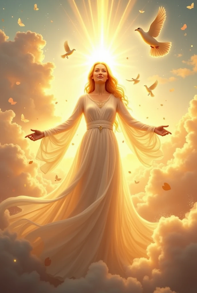 (((Goddess of Hope:1.4))), ((masterpiece:1.4, best quality)), (photo realistic:1.4), radiant and uplifting expression, glowing with a warm, golden light, dressed in flowing robes made of light and feathers, (hair cascading like rays of sunshine:1.2), (bright, hopeful eyes:1.2), gentle smile that brings comfort and inspiration, surrounded by a glowing aura of light, (background of a sunrise over a peaceful valley:1.2), (soft rays of sunlight breaking through clouds:1.2), (doves and butterflies flying around her:1.2), rich textures, vibrant colors, (soft golds:1.2), (light blues:1.2), (delicate whites:1.2), (((dynamic composition with gentle curves and flowing lines:1.2))), high-quality and detailed, (uplifting and inspiring atmosphere:1.2), transcendent and unique, perfect image quality, symbolizing renewal, optimism, and the power of hope, captivating and timeless presence