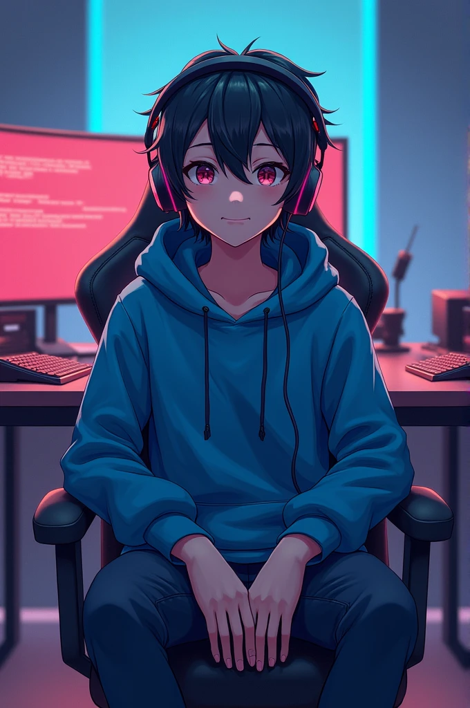 A anime chrater sitting on a chair with blue hoddy and weared headphone in a gaming studio sitting on a chair and a table infront of him