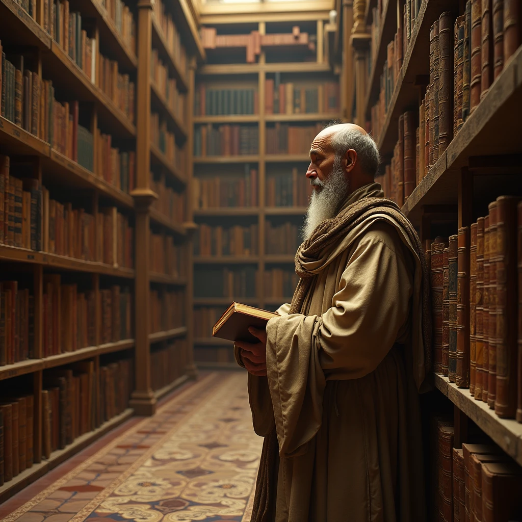 A wise librarian, in a huge library of Alexandria, with thousands of books 
