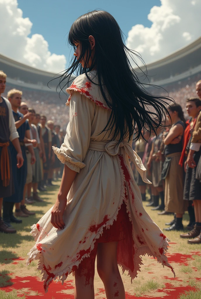 22 year old girl with long black hair, Dressed in a torn cloak and covered in blood, she stands with her back turned in the middle of a tournament field where everyone sees her., Realistic digital art Everyone looks at the girl