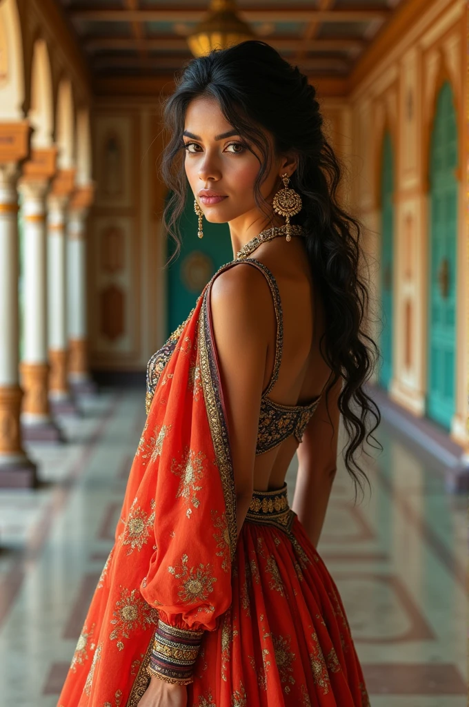 indian princess looking girl, wearing colourful sexy dress, curvy body, at mysore palace