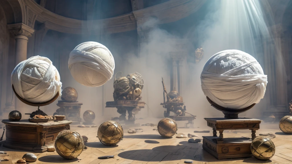 ((masterpiece, Mummy Monster, Missing legs, Sphere on sphere, Covered with white cloth)), Spinning, Soap bubble, On the wall, sunny,outside,Frayed cloth,Two spheres stacked on top of each other,Shaped like stacked snowballs