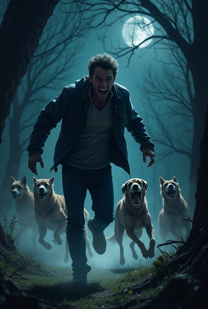 Man running back to the hammock in fear at night in the dark in the backyard of his house seeing a werewolf fighting with several dogs