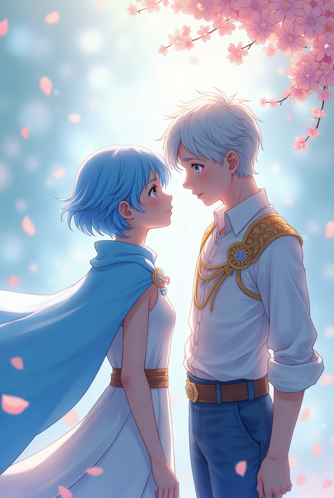 Girl with short hair in pastel blue cape next to Mirio Togata