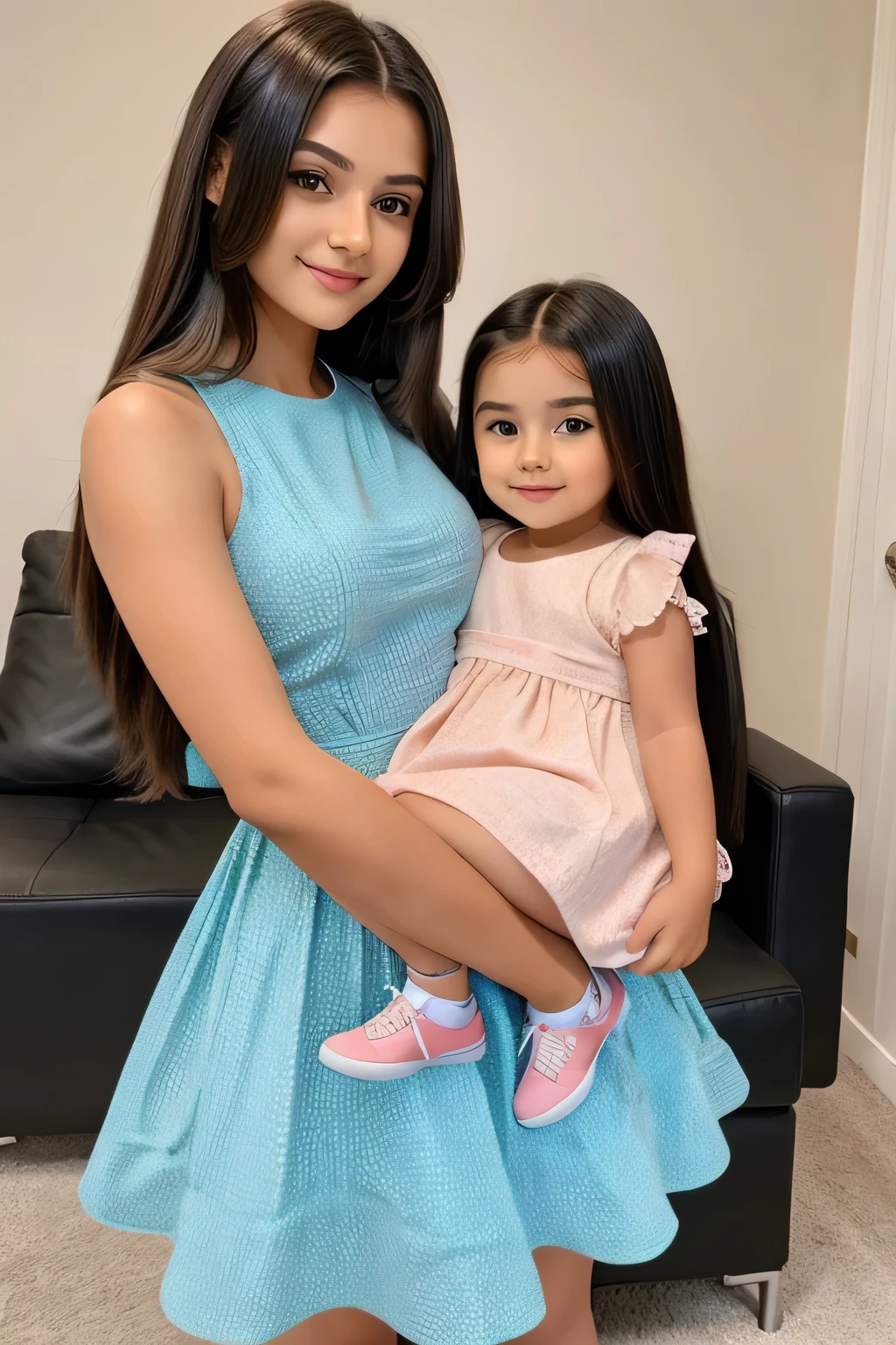 cute beautiful hot girl with smily face with stylish long hair with stylish trending modern color full stunning dress with his 2 years old baby with cute full size straight pic