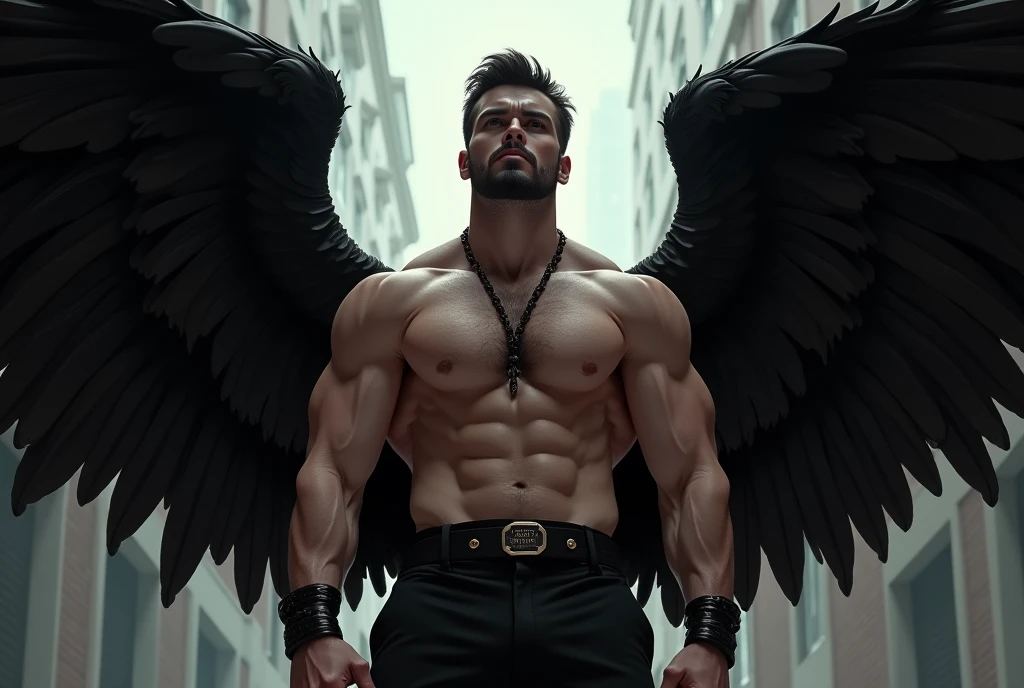 （（（angel caido！angel！big black angel wings！Gothic）））,perfect composition,！)), （（Unintentionally exposing chest muscles.））body hair, hairy chest, elegant macho, elegant barbilla de chad, Elegant and attractive, Elegante y elegant, elegant hombre, Attractive man, masculino y elegant, , elegant, posing attractive, Attractive man, Attractive man, 35 year old man！Raise your little head，Chimney（first portrait！)）showing off his hairy pecs showing off his hairy chest muscles），），(short mustache）Show hairy and muscular eyes..，）head space！Charming and serious look..，（hombre elegant，Dressed in an embarrassing posture，Perfect body anatomy，Beautiful man face detail，perfect foot，perfect hand！Ultra low angle shot！An image of an anime character with a necklace.., muscular man, realistic muscles, human representation style, Gothic, Anime core, meritocracy, at the romantic academy, garbage, Anime core, Aestheticized violence, whole body, dark gym, coloring Waiting to start