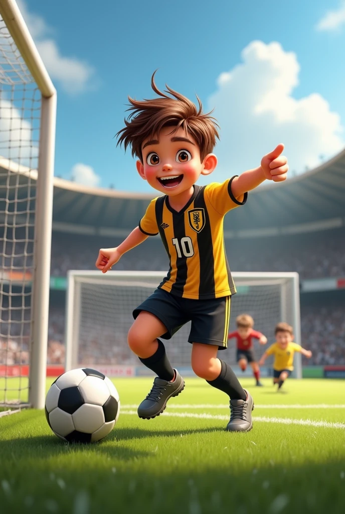 It makes an image of a boy with brown hair and brown eyes wearing a yellow and black striped shirt with the number 10 scoring a goal against the goalkeeper with the ball and celebrating by pointing with one hand