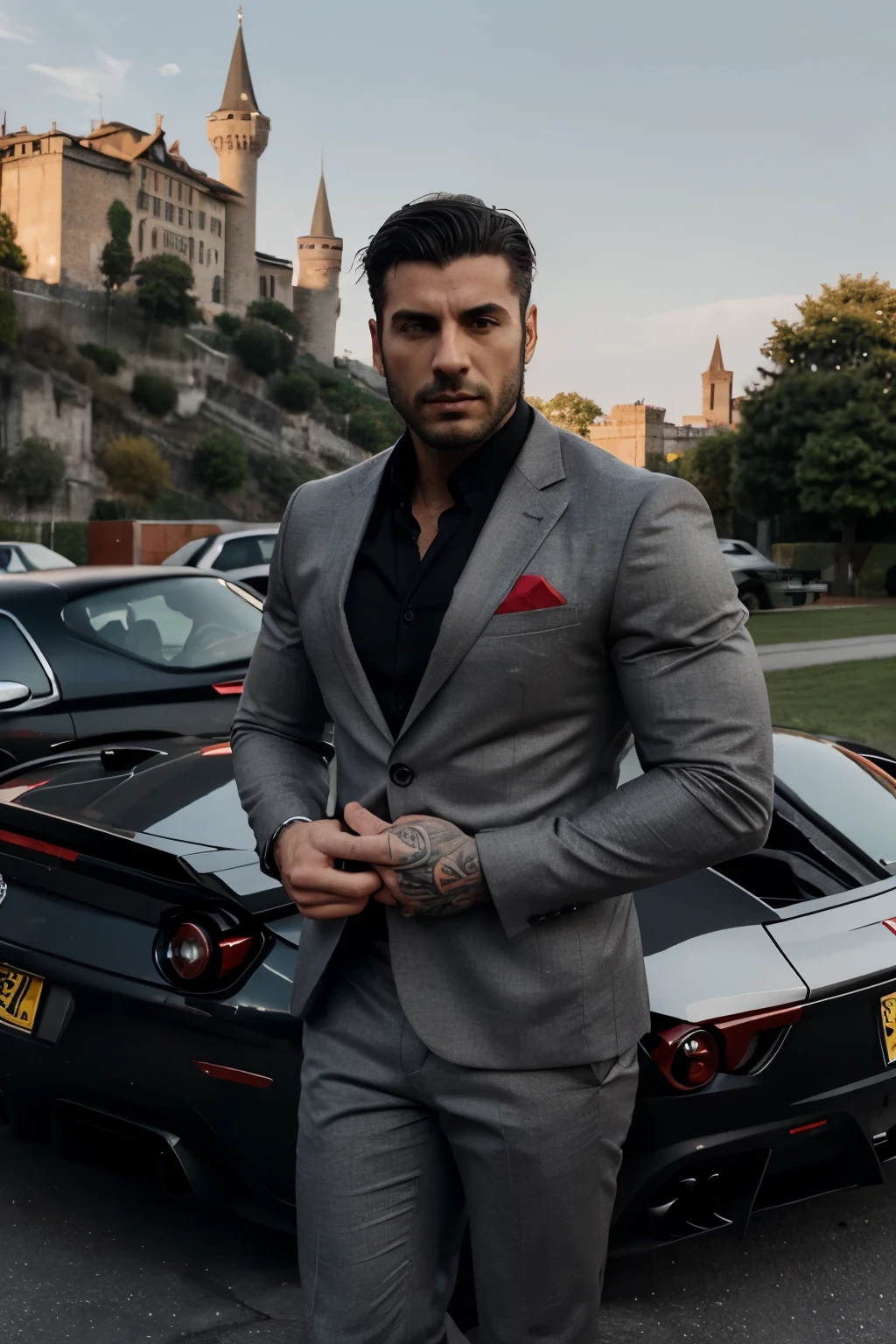 A extremely hot and extremely muscular perfectly toned and athletic physique of a 30 year old Italian guy with short black hair and tattoos under a grey suit and he is standing front of a red ferrari with a castle in the background