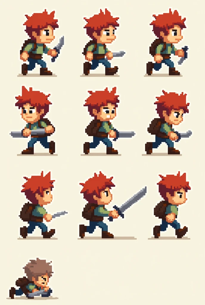 Create a game character with a backpack on his back, he must be new but with a serious appearance in pixel style., have a sword, make a sprite sheet of him running, standing, walking and attacking