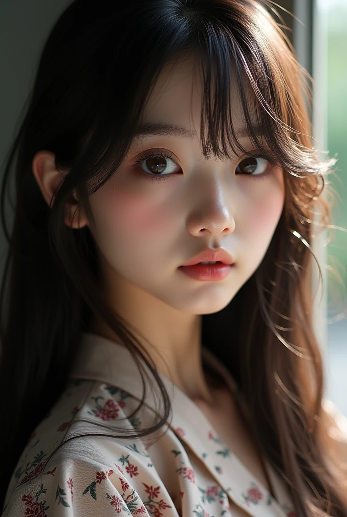 best quality, face focus, soft light, ultra high res, (photorealistic:1.4), RAW photo,
1japanese girl, solo, cute, (pupil, lights in the eyes),  detailed beautiful face, (small chest),(high resolution detail of human skin texture),
(long hair),
indoor,
Damask Shirt Dress,
(portrait)